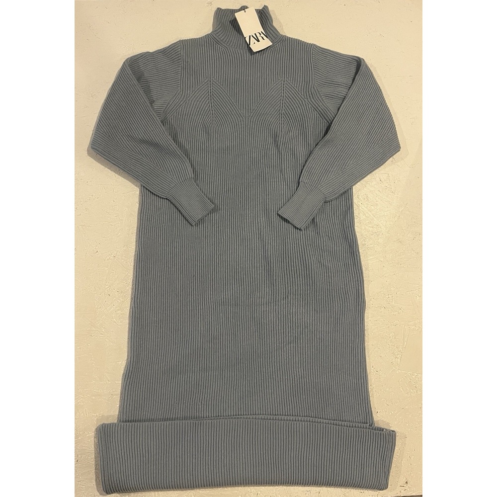 Zara‎ Blue Ribbed High Neck Knit Long Pinterest Runway Fav Style Dress Size S